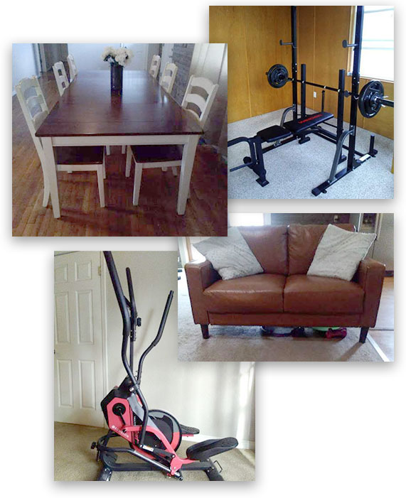 Assembled Furniture: Gym Equipment, Table, Chairs, and Couch